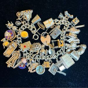 VINTAGE CHARM BRACELET HEART LOCKET TRAVEL 60s 70s STERLING SILVER 925 124G EVC